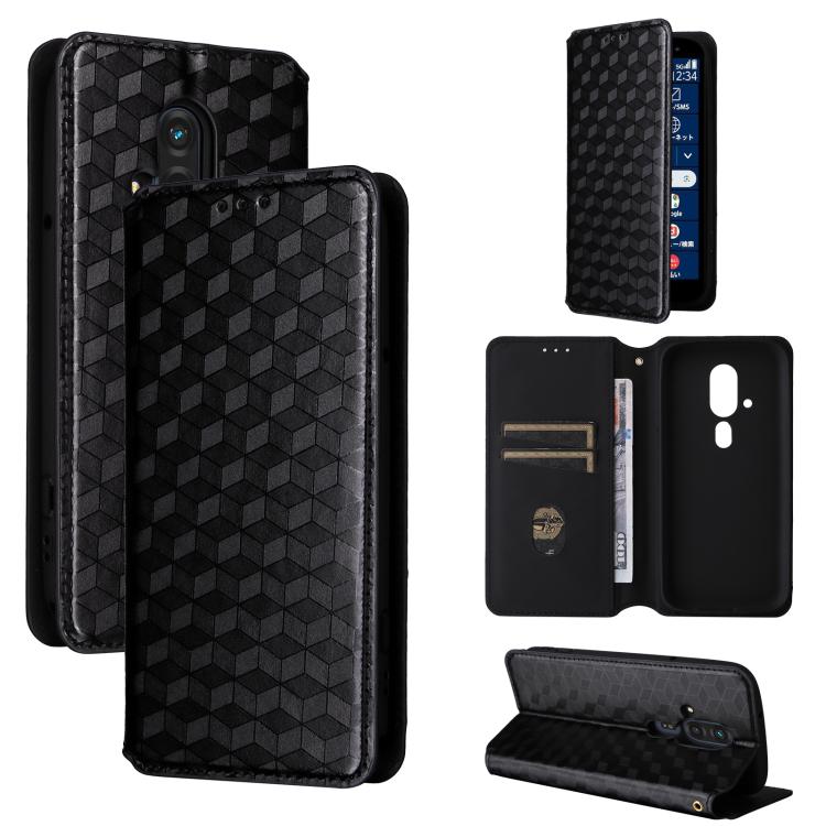

For Fujitsu FCNT Rakuraku F-53E Cubic Grid Texture Flip Leather Phone Case(Black)