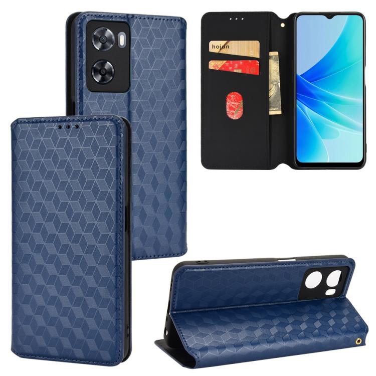 

For OPPO A57 4G 2022 / 5G TW Cubic Grid Texture Flip Leather Phone Case(Blue)