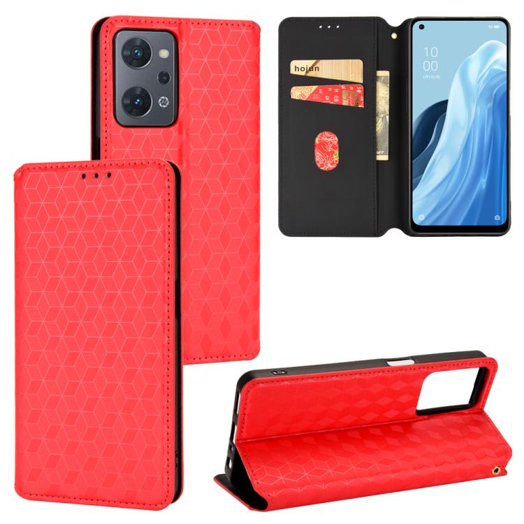 

For OPPO Reno7 A Cubic Grid Texture Flip Leather Phone Case(Red)