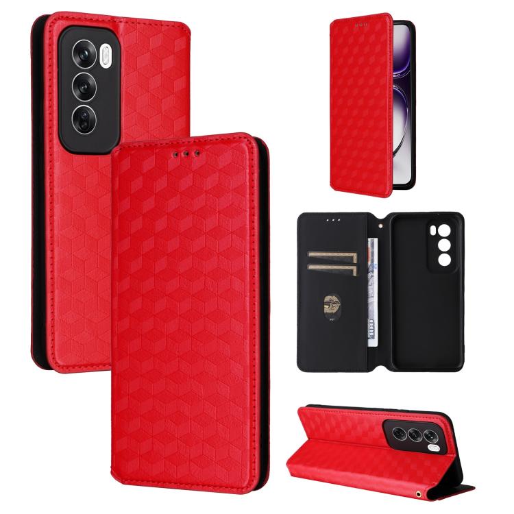 

For OPPO Reno12 5G Global Cubic Grid Texture Flip Leather Phone Case(Red)