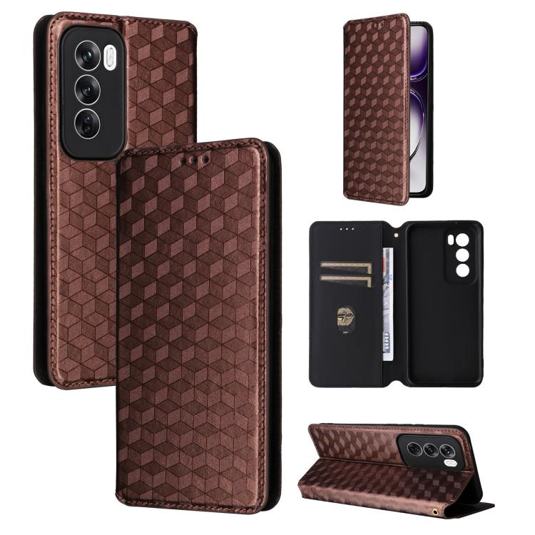 

For OPPO Reno12 Pro 5G Global Cubic Grid Texture Flip Leather Phone Case(Brown)