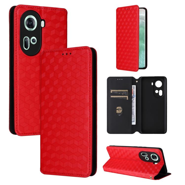 

For OPPO Reno11 5G Global Cubic Grid Texture Flip Leather Phone Case(Red)
