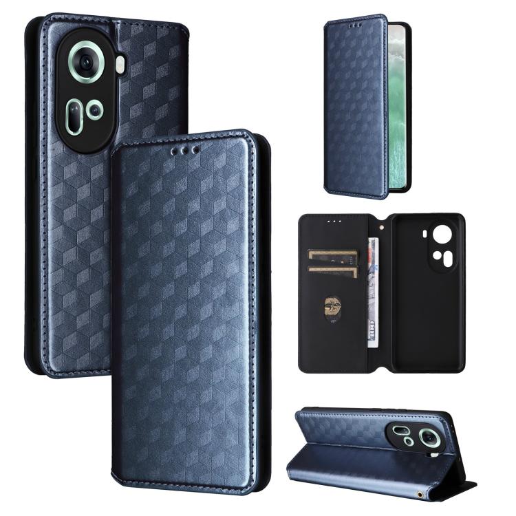 

For OPPO Reno11 5G Global Cubic Grid Texture Flip Leather Phone Case(Blue)