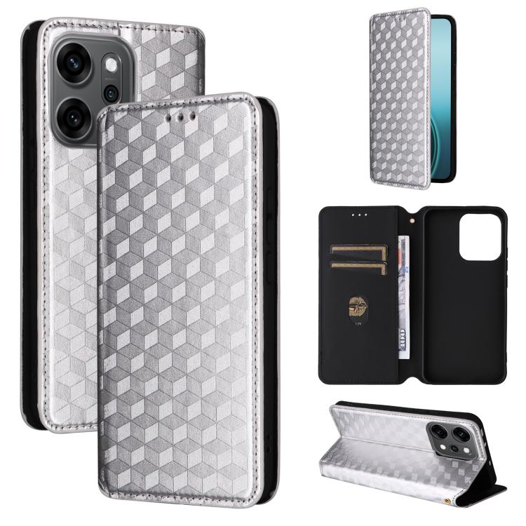 

For OPPO Reno14 Pro Global Cubic Grid Texture Flip Leather Phone Case(Silver)