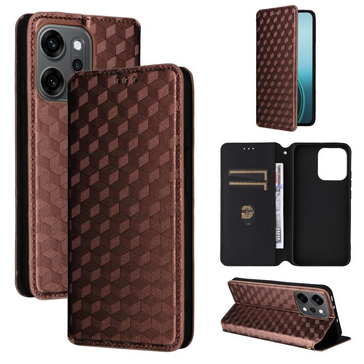 

For OPPO Reno14 Pro Global Cubic Grid Texture Flip Leather Phone Case(Brown)