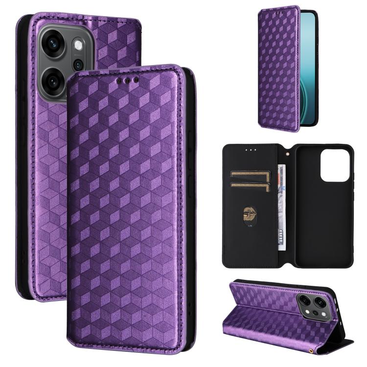 

For OPPO Reno14 Global Cubic Grid Texture Flip Leather Phone Case(Purple)