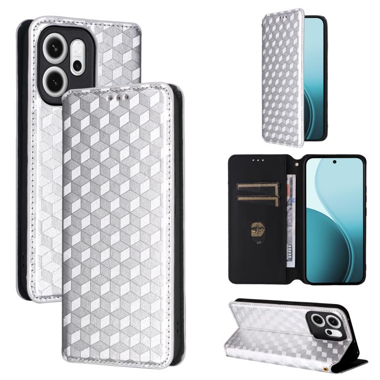 

For OPPO Reno14 F 5G Cubic Grid Texture Flip Leather Phone Case(Silver)