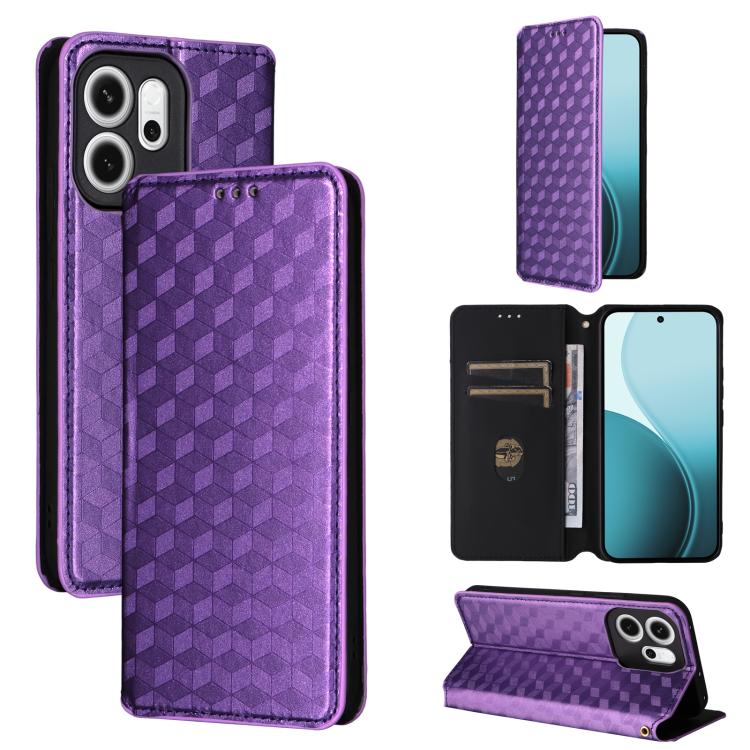 

For OPPO Reno14 F 5G Cubic Grid Texture Flip Leather Phone Case(Purple)