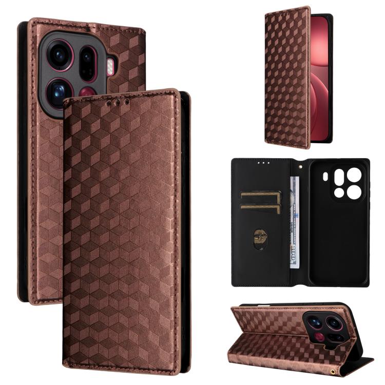 

For OPPO Find X9 Pro Cubic Grid Texture Flip Leather Phone Case(Brown)