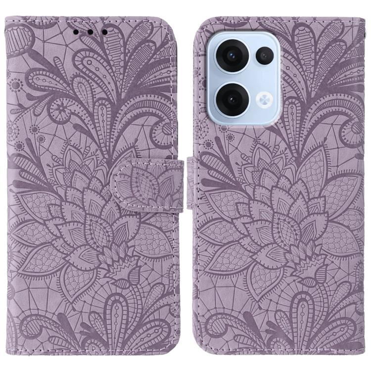 

For OPPO Reno13 5G Global Lace Flower Embossing Flip Leather Phone Case(Purple)