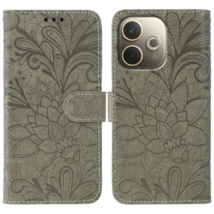 

For OPPO A5 Pro 5G Global Lace Flower Embossing Flip Leather Phone Case(Grey)