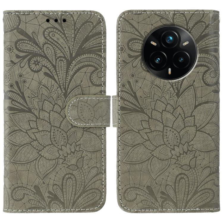

For Realme 14 Pro+ Lace Flower Embossing Flip Leather Phone Case(Grey)
