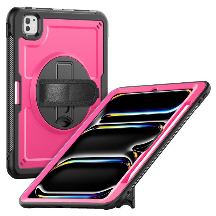 

For iPad Pro 11 2024 Honeycomb Hand Grip Turntable Stand Tablet Case(Rose Red)