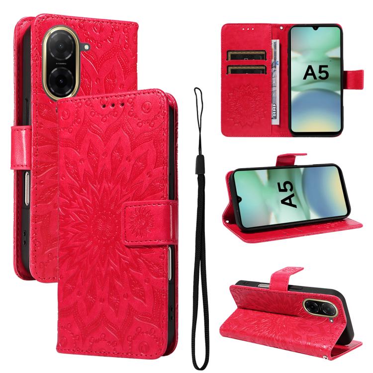 

For Redmi A5 4G 173.3mm Embossed Sunflower Pattern Flip Leather Phone Case(Red)