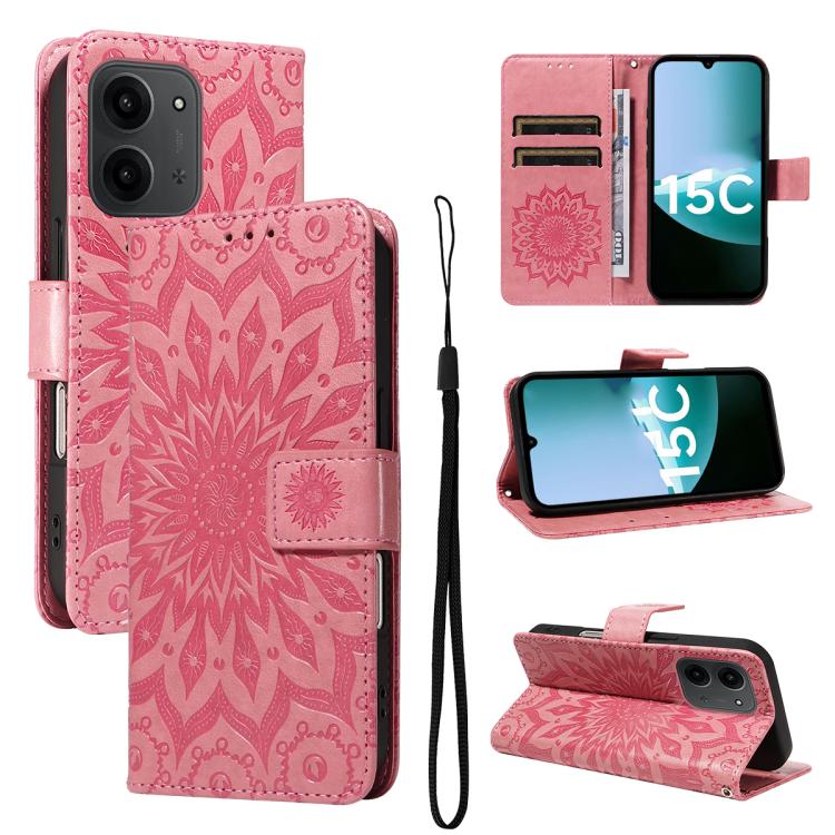 

For Redmi 15C 5G/4G EU 173mm/Poco C85 5G Embossed Sunflower Pattern Flip Leather Phone Case(Pink)