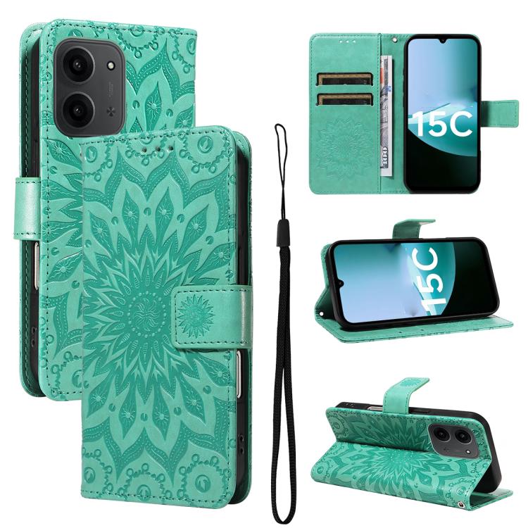 

For Redmi 15C 5G/4G EU 173mm/Poco C85 5G Embossed Sunflower Pattern Flip Leather Phone Case(Green)