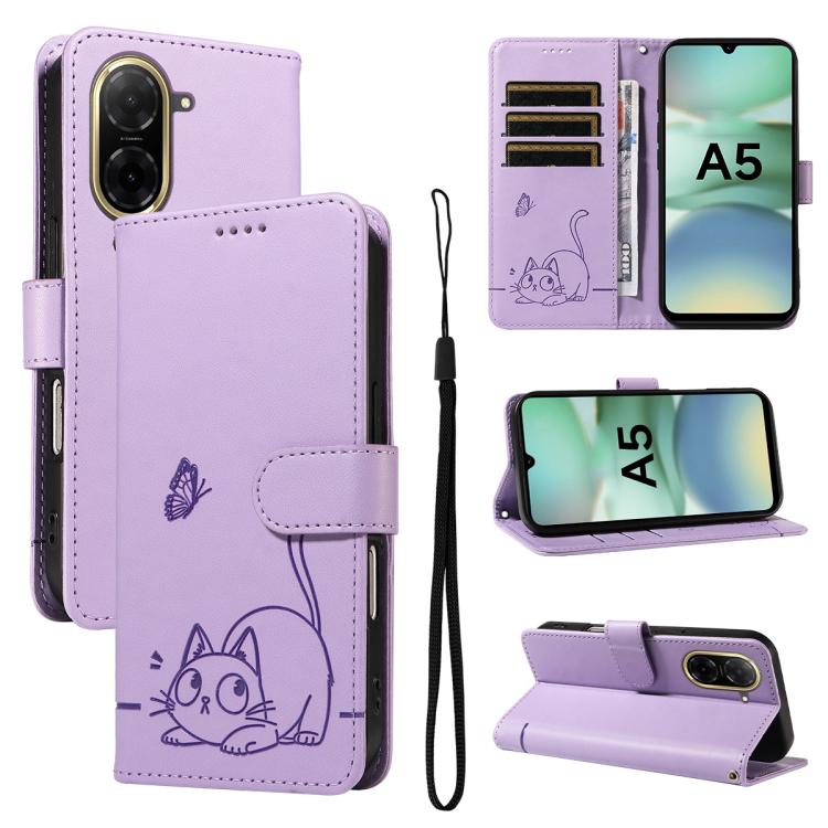 

For Redmi A5 4G 173.3mm Adorable Cat Embossed Pattern Flip Leather Phone Case(Purple)