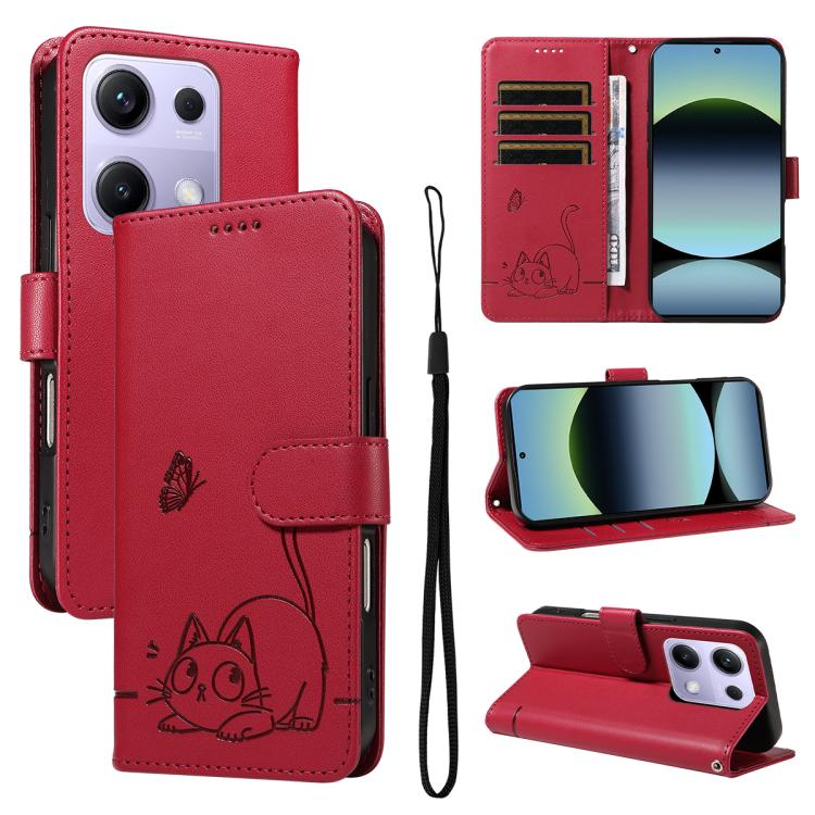 

For Redmi Note 13 Pro 4G / 14S 4G Adorable Cat Embossed Pattern Flip Leather Phone Case(Red)