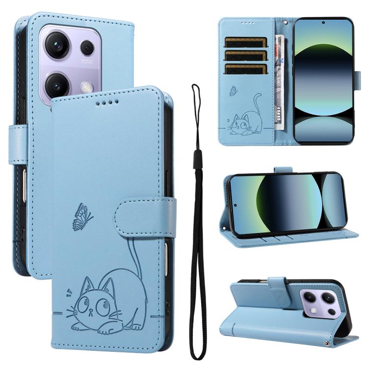 

For Redmi Note 13 Pro 4G / 14S 4G Adorable Cat Embossed Pattern Flip Leather Phone Case(Sky Blue)