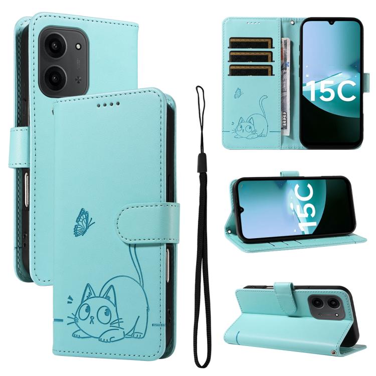 

For Redmi 15C 4G 171.5mm / Poco C85 4G Adorable Cat Embossed Pattern Flip Leather Phone Case(Green)