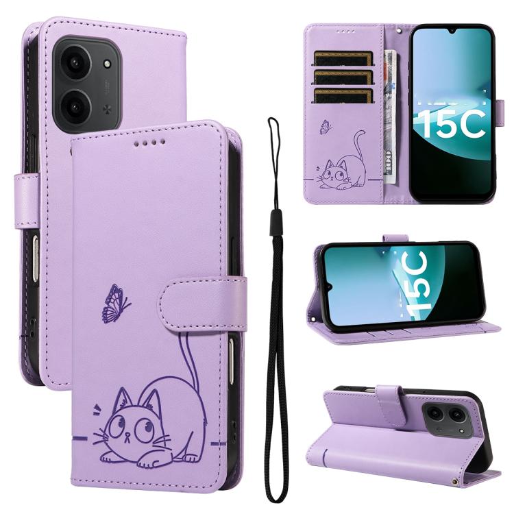 

For Redmi 15C 5G / 4G Global 171mm Adorable Cat Embossed Pattern Flip Leather Phone Case(Purple)
