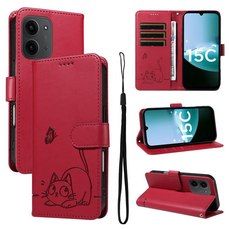 

For Redmi 15C 5G / 4G Global 171mm Adorable Cat Embossed Pattern Flip Leather Phone Case(Red)