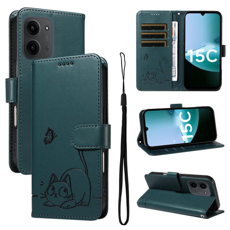 

For Redmi 15C 5G / 4G Global 171mm Adorable Cat Embossed Pattern Flip Leather Phone Case(Dark Green)