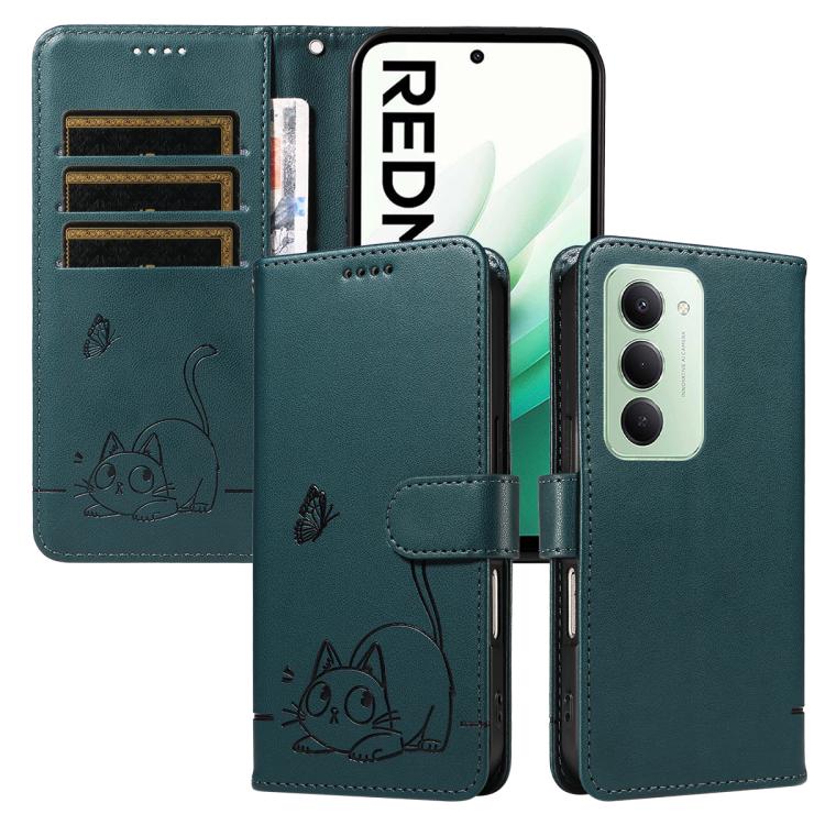 

For Redmi 15 5G Global / 15 4G SEA 169.5mm Adorable Cat Embossed Pattern Flip Leather Phone Case(Dark Green)
