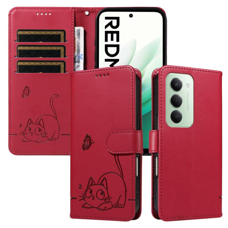 

For Redmi 15 5G / 4G EU 171mm Adorable Cat Embossed Pattern Flip Leather Phone Case(Red)