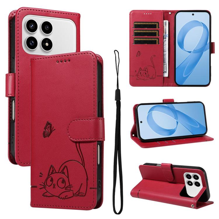 

For Redmi K90/Poco F8 Pro Adorable Cat Embossed Pattern Flip Leather Phone Case(Red)