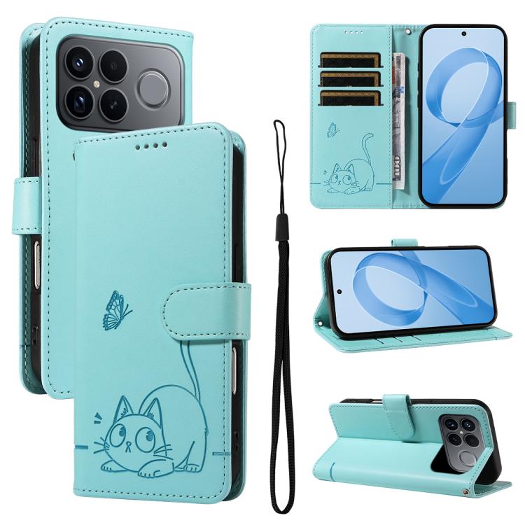 

For Redmi K90 Pro Max/Poco F8 Ultra Adorable Cat Embossed Pattern Flip Leather Phone Case(Green)