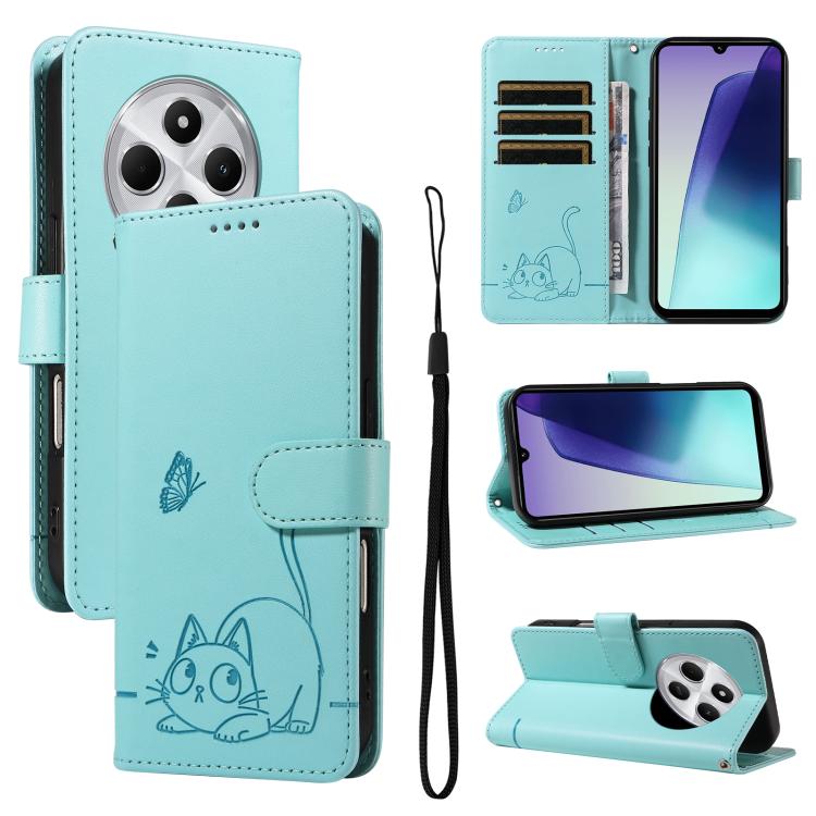 For Redmi 17C/14C 4G/A4 5G/Poco C75 5G Adorable Cat Embossed Pattern Flip Leather Phone Case(Green)