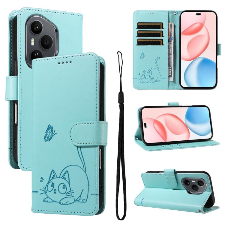 

For Honor 400 Pro Global 160.8mm Adorable Cat Embossed Pattern Flip Leather Phone Case(Green)
