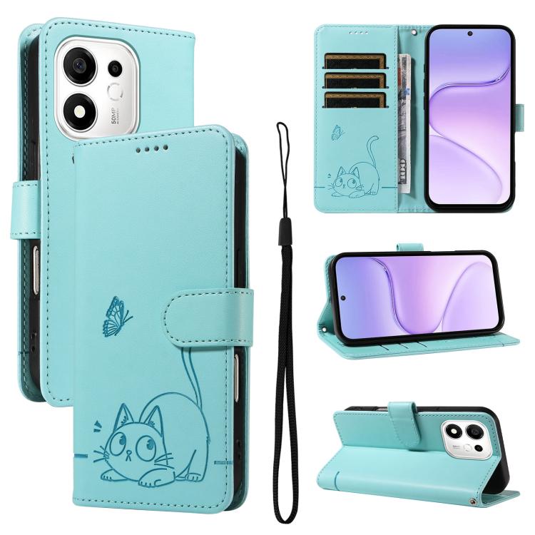 For Honor 600 Smart 5G Adorable Cat Embossed Pattern Flip Leather Phone Case(Green)