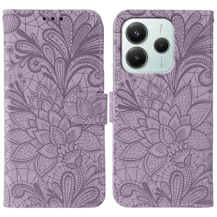 

For Redmi Note 14 4G 163.25mm Global Lace Flower Embossing Flip Leather Phone Case(Purple)