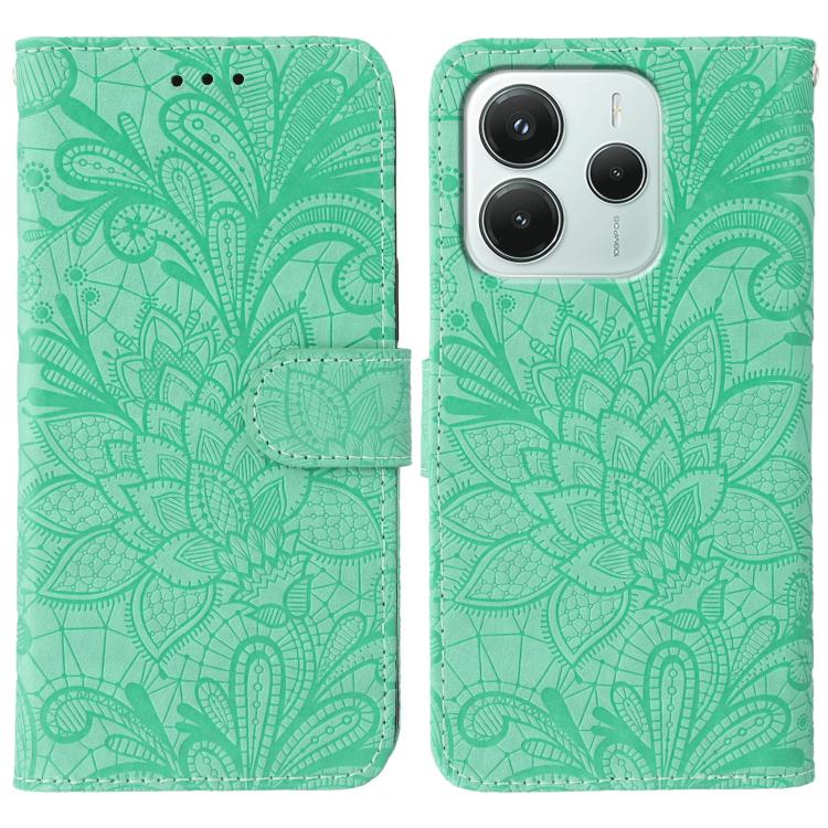

For Redmi Note 14 4G 163.25mm Global Lace Flower Embossing Flip Leather Phone Case(Green)