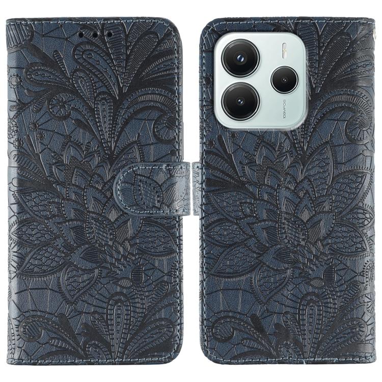 

For Redmi Note 14 4G 163.25mm Global Lace Flower Embossing Flip Leather Phone Case(Dark Blue)