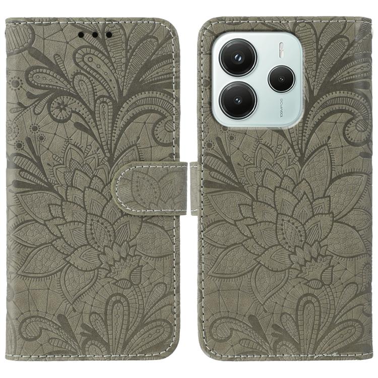 

For Redmi Note 14 5G Global Lace Flower Embossing Flip Leather Phone Case(Grey)