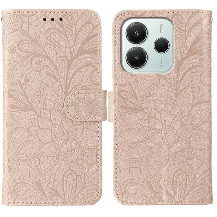 

For Redmi Note 14 5G Global Lace Flower Embossing Flip Leather Phone Case(Rose Gold)