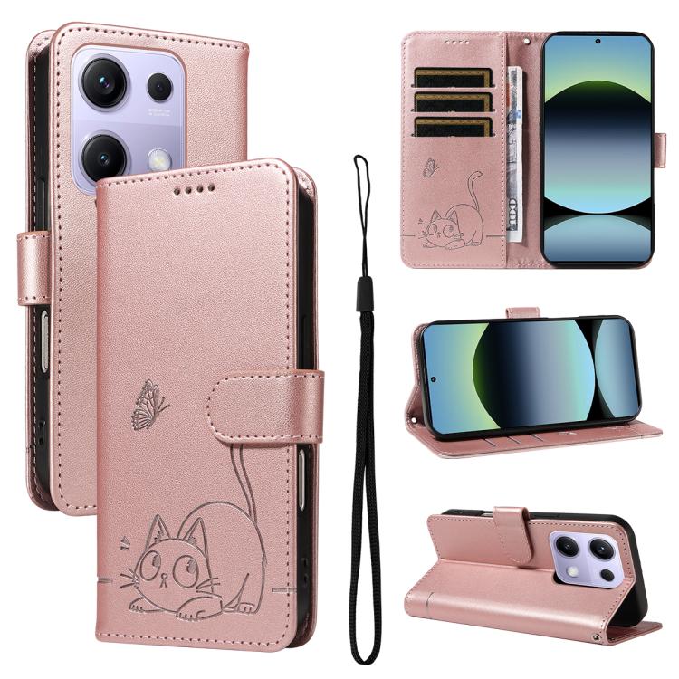 

For Xiaomi Poco M6 Pro 4G Global Adorable Cat Embossed Pattern Flip Leather Phone Case(Rose Gold)