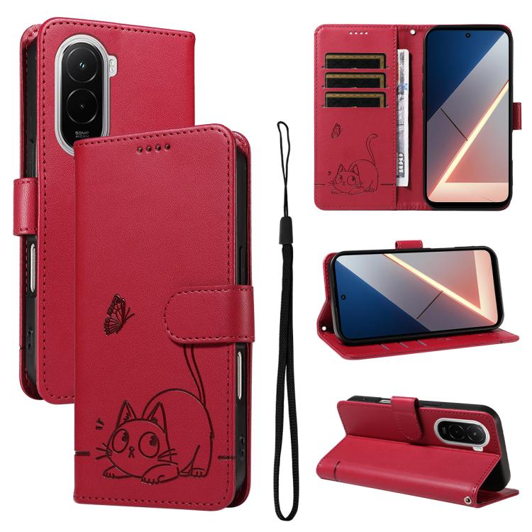 

For Xiaomi Poco M7 4G 169mm Adorable Cat Embossed Pattern Flip Leather Phone Case(Red)