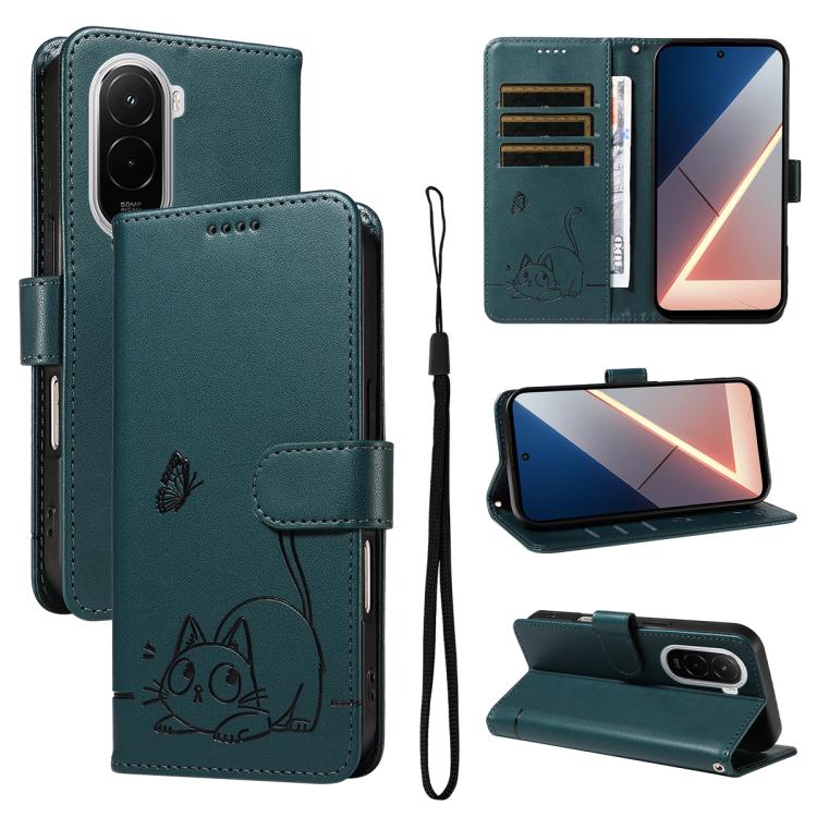 

For Xiaomi Poco M7 4G 169mm Adorable Cat Embossed Pattern Flip Leather Phone Case(Dark Green)