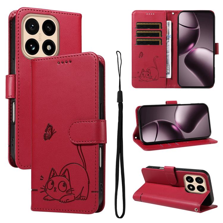 

For Xiaomi 15T 5G Adorable Cat Embossed Pattern Flip Leather Phone Case(Red)