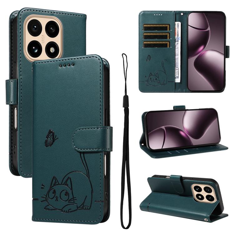 

For Xiaomi 15T 5G Adorable Cat Embossed Pattern Flip Leather Phone Case(Dark Green)