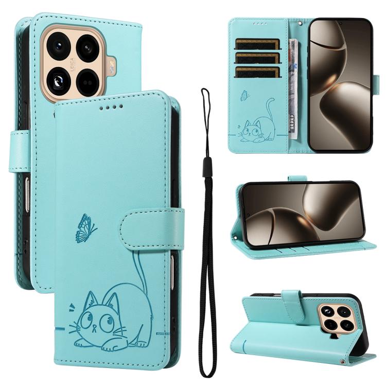 

For Xiaomi 15T Pro 5G Adorable Cat Embossed Pattern Flip Leather Phone Case(Green)