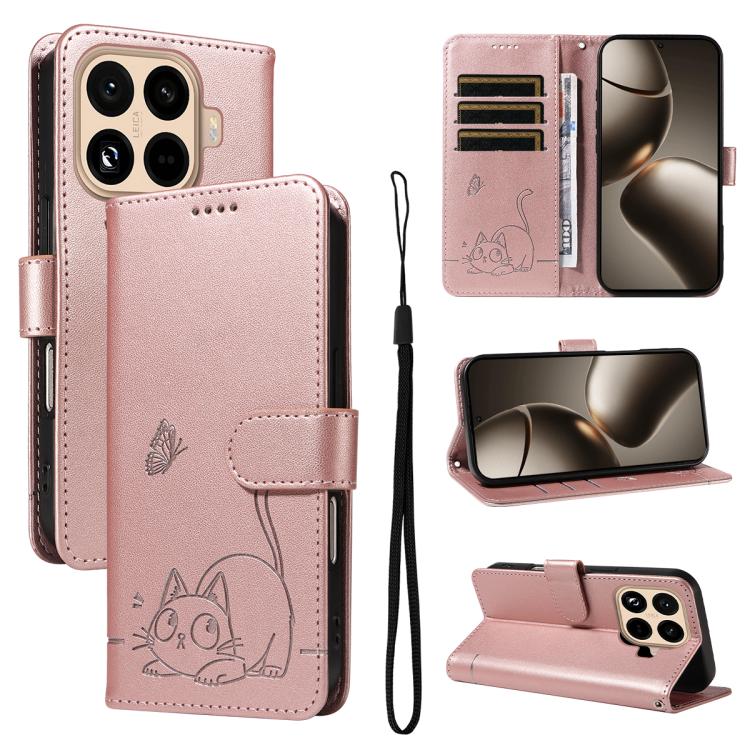 

For Xiaomi 15T Pro 5G Adorable Cat Embossed Pattern Flip Leather Phone Case(Rose Gold)