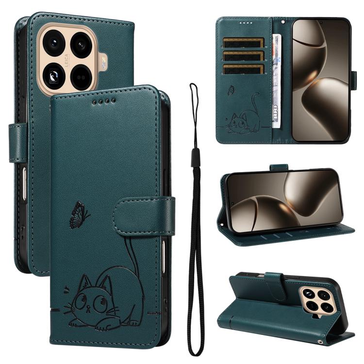

For Xiaomi 15T Pro 5G Adorable Cat Embossed Pattern Flip Leather Phone Case(Dark Green)