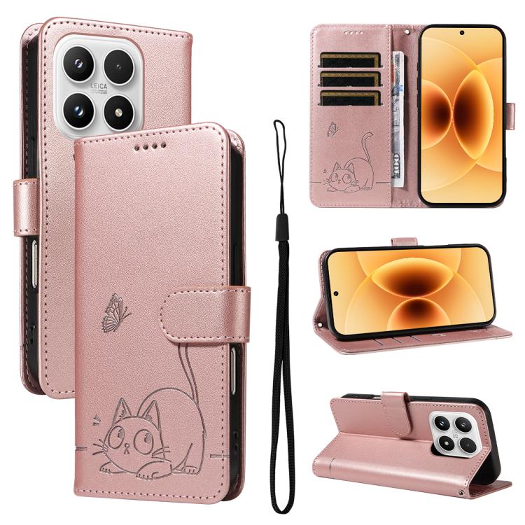 

For Xiaomi 17 Adorable Cat Embossed Pattern Flip Leather Phone Case(Rose Gold)