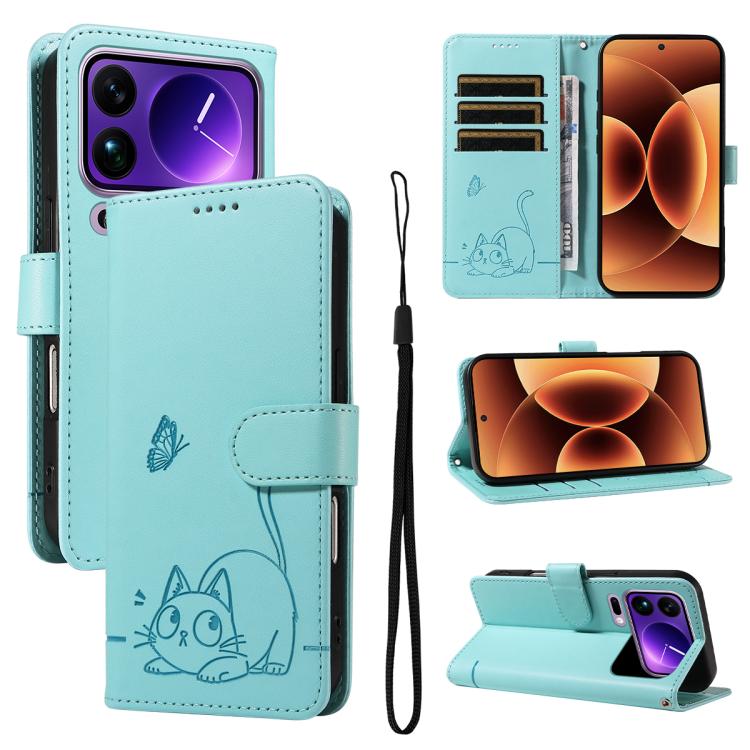 

For Xiaomi 17 Pro Max Adorable Cat Embossed Pattern Flip Leather Phone Case(Green)