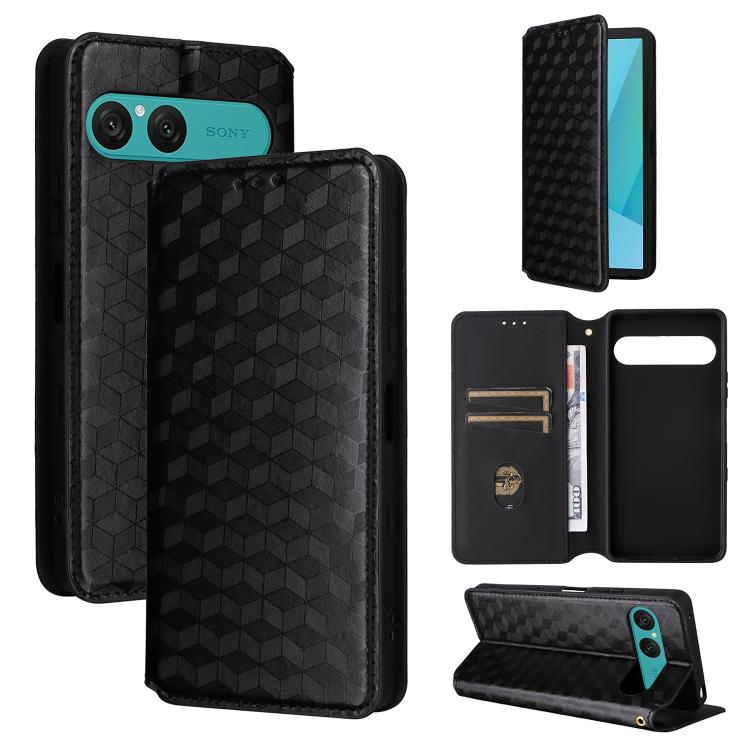

For Sony Xperia 10 VII Cubic Grid Texture Flip Leather Phone Case(Black)